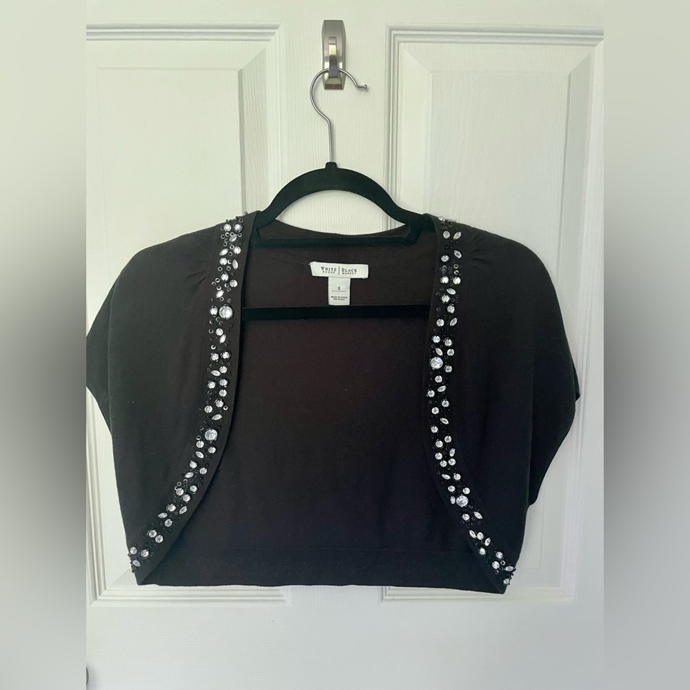 Black HouseWhite Market - open front shrug, cap sleeves. Black, beaded trim.